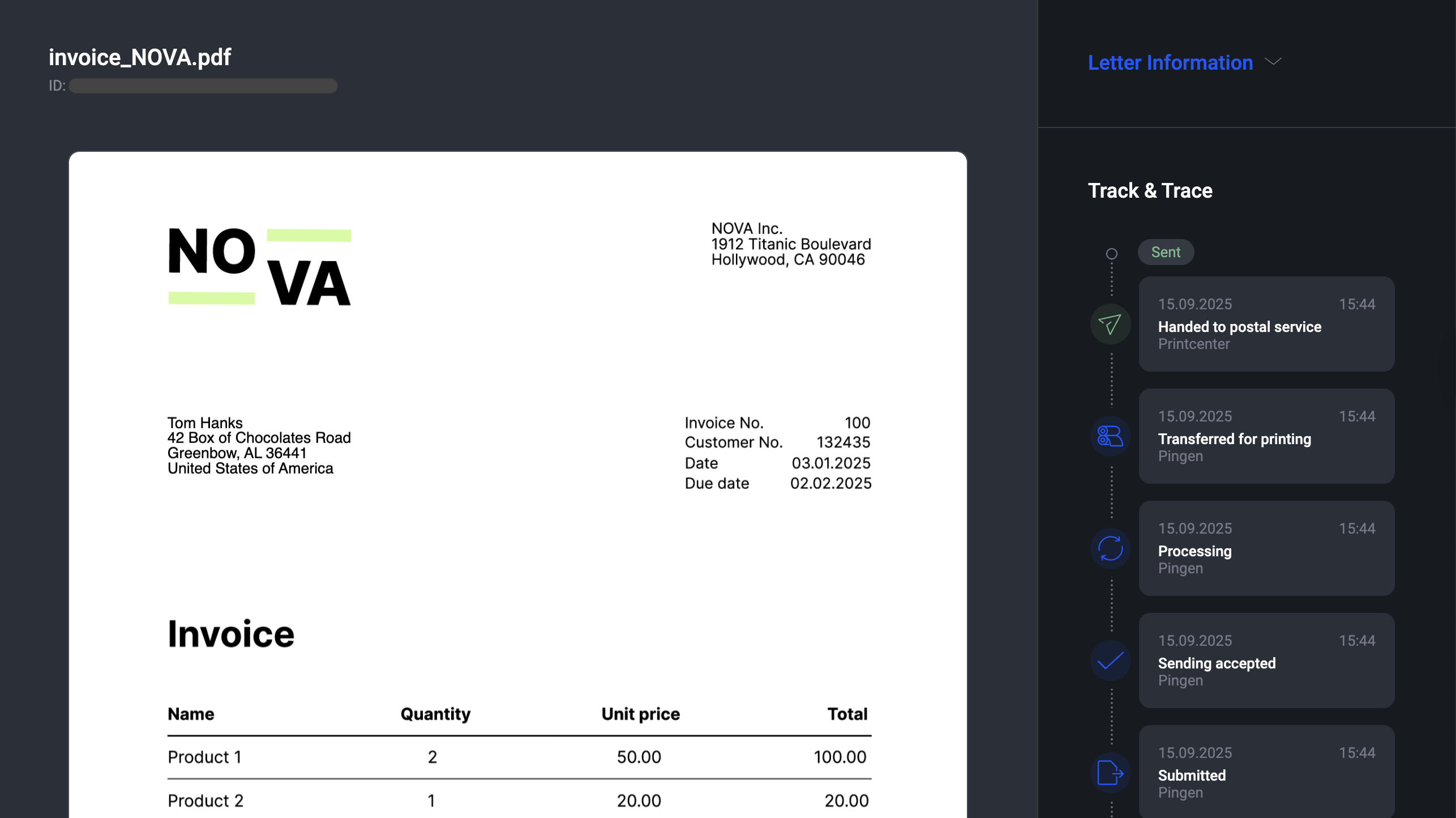 Interface of Pingen displaying real-time letter tracking information for outgoing mail