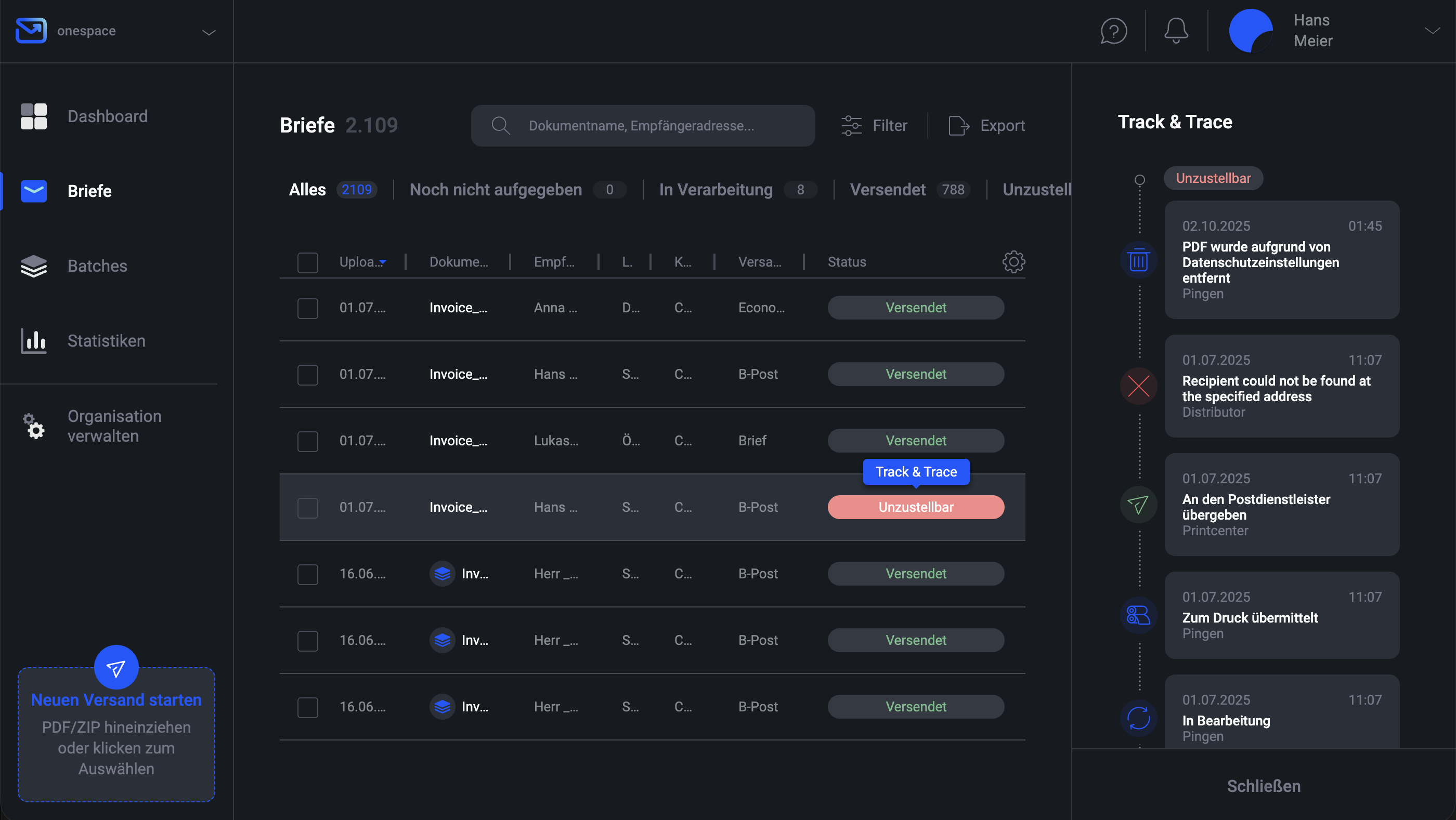 Pingen Briefliste zeigt die Verarbeitung von Unzustellbar-Briefen