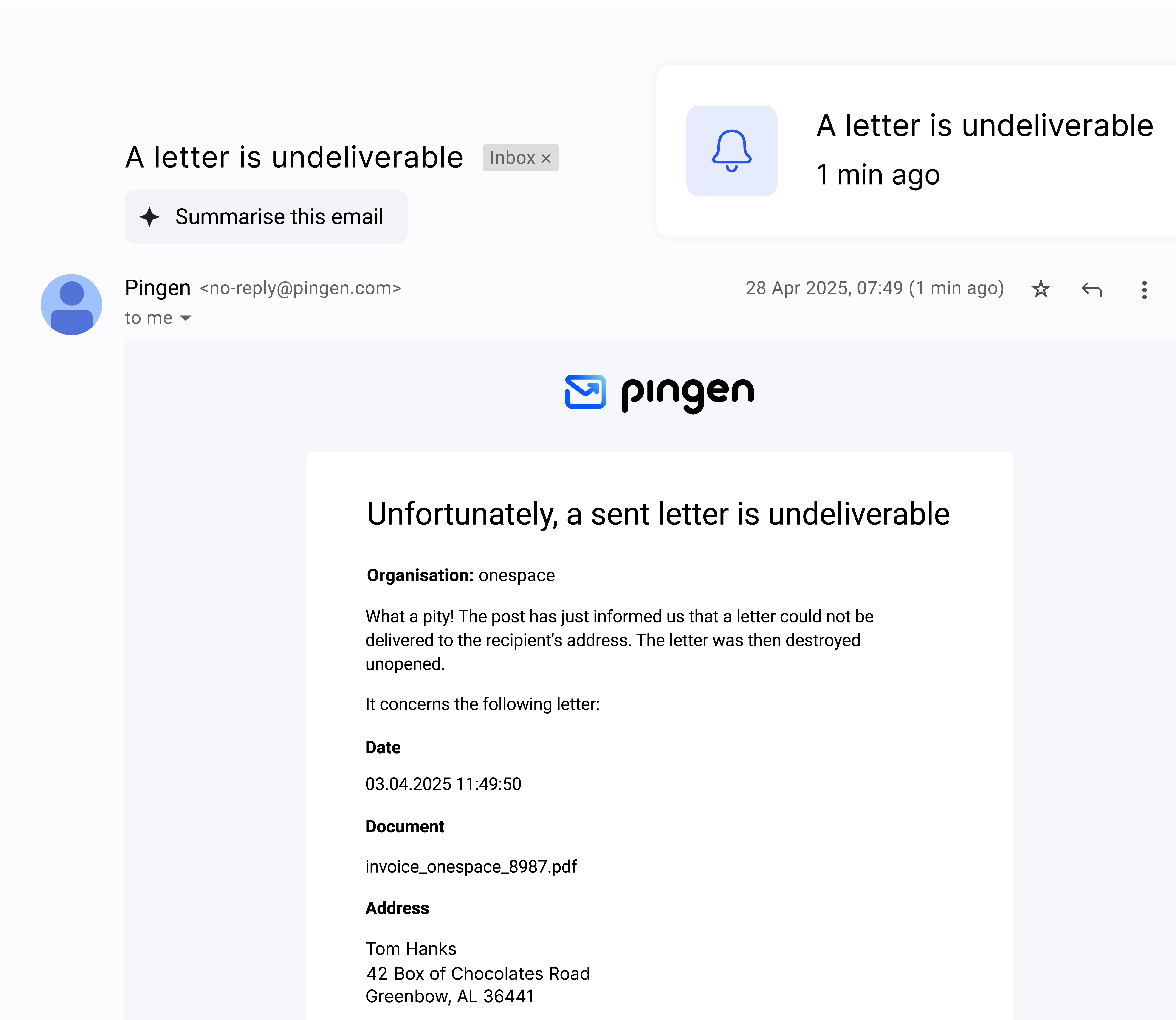Pingen email notifying about an undeliverable letter