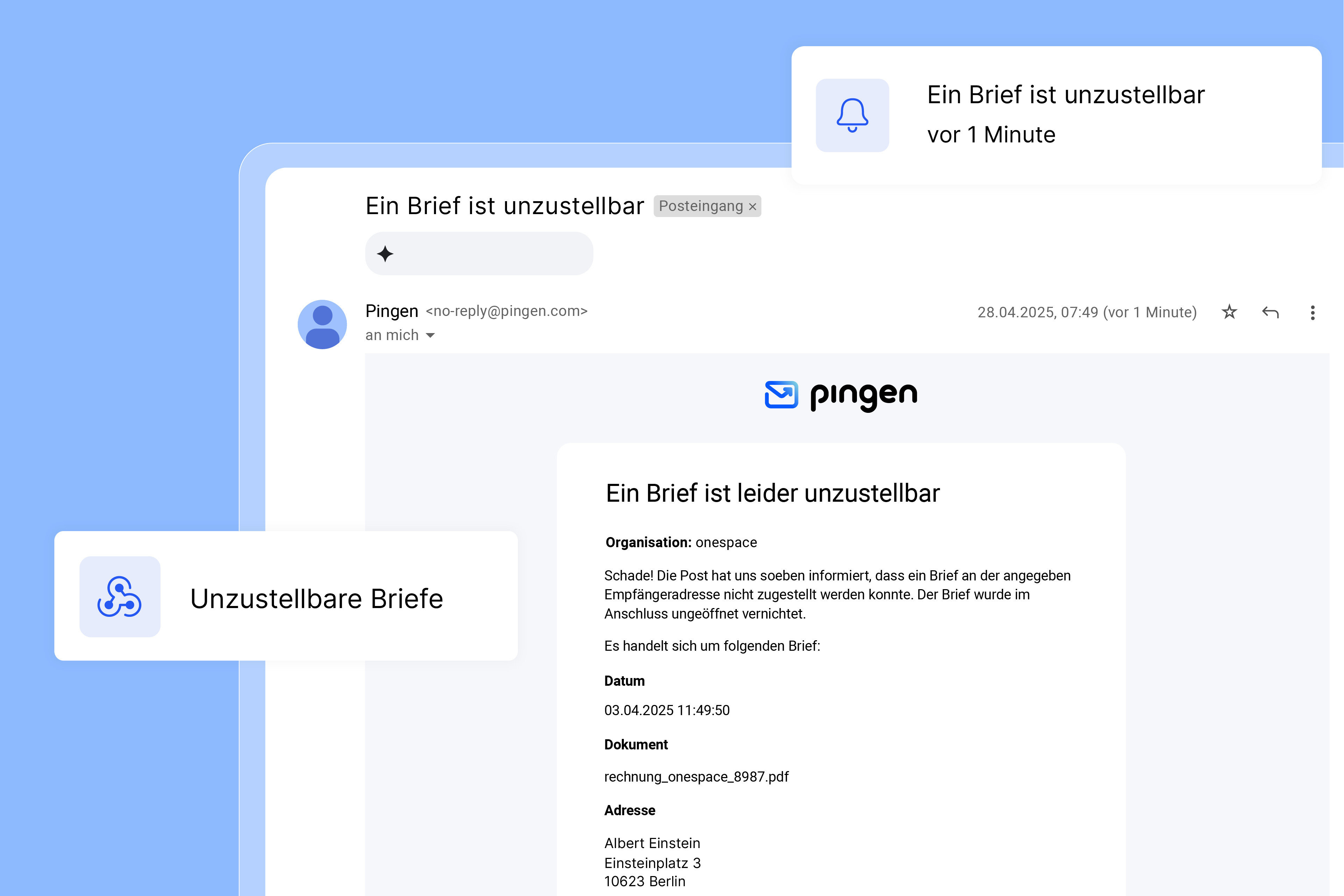 E-Mail-Benachrichtigung von Pingen über eine nicht zustellbare Sendung