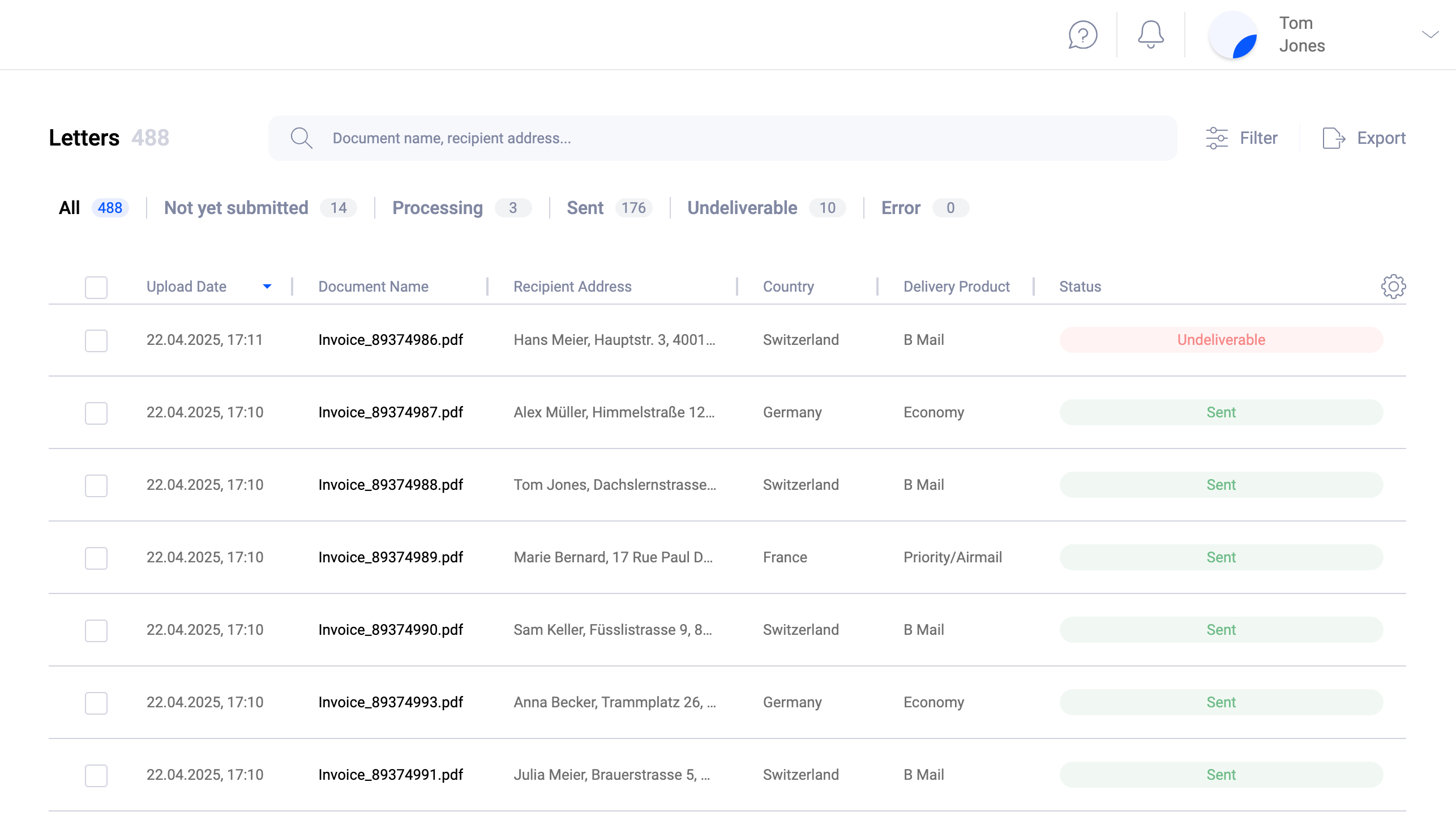 Pingen WebApp letter detail overview