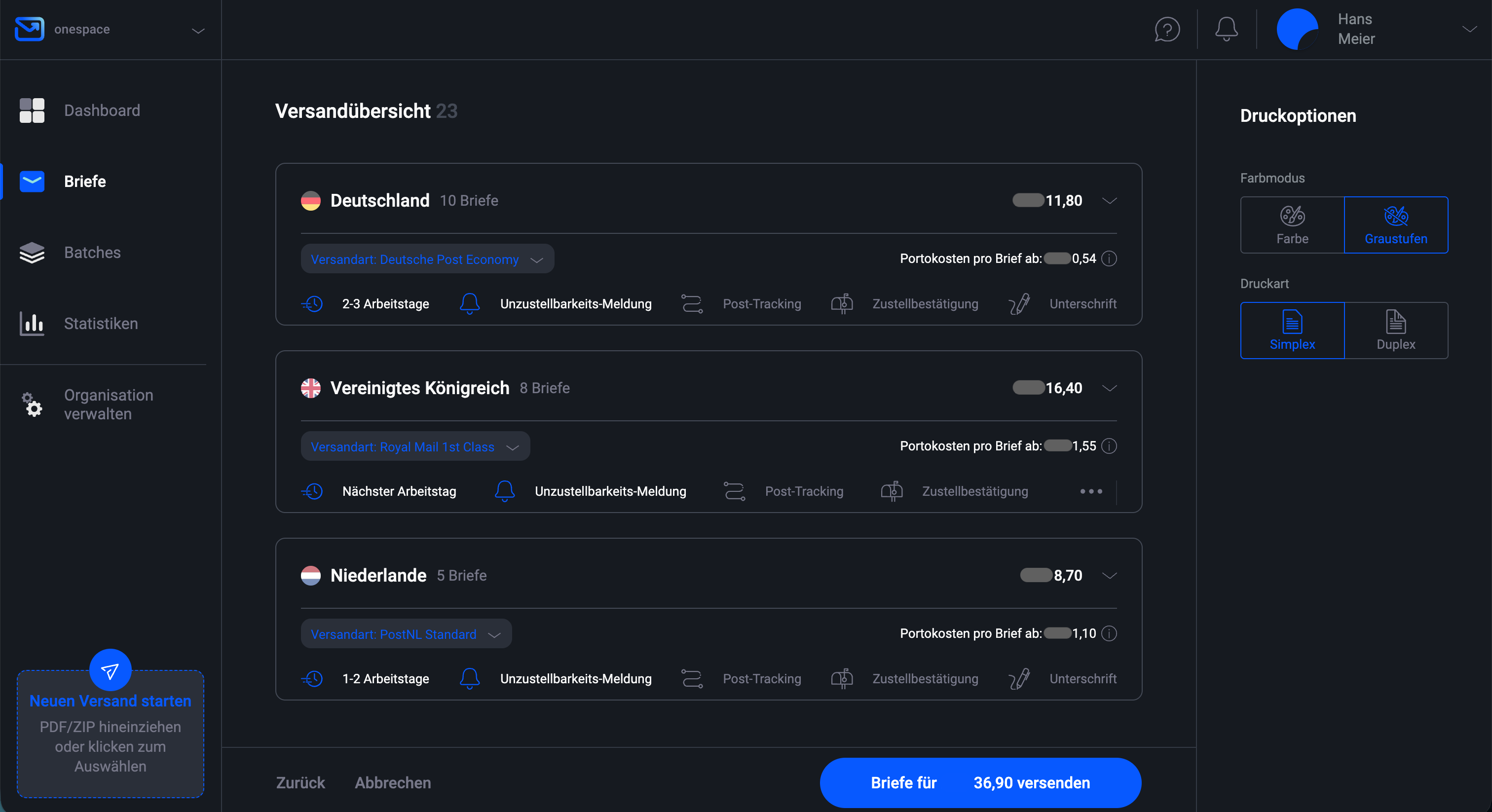 Versandübersicht von Briefen in der Pingen-WebApp