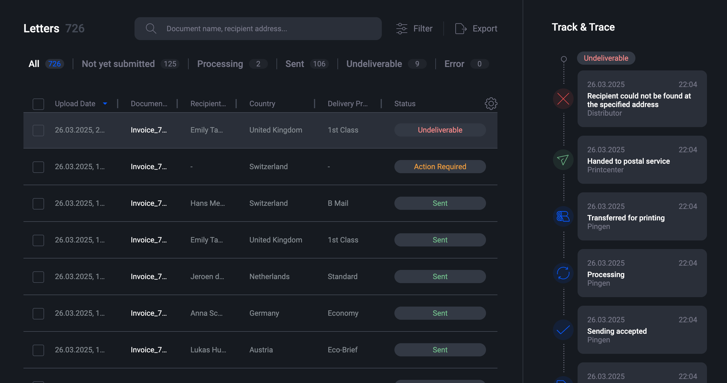Pingen WebApp automatic return mail