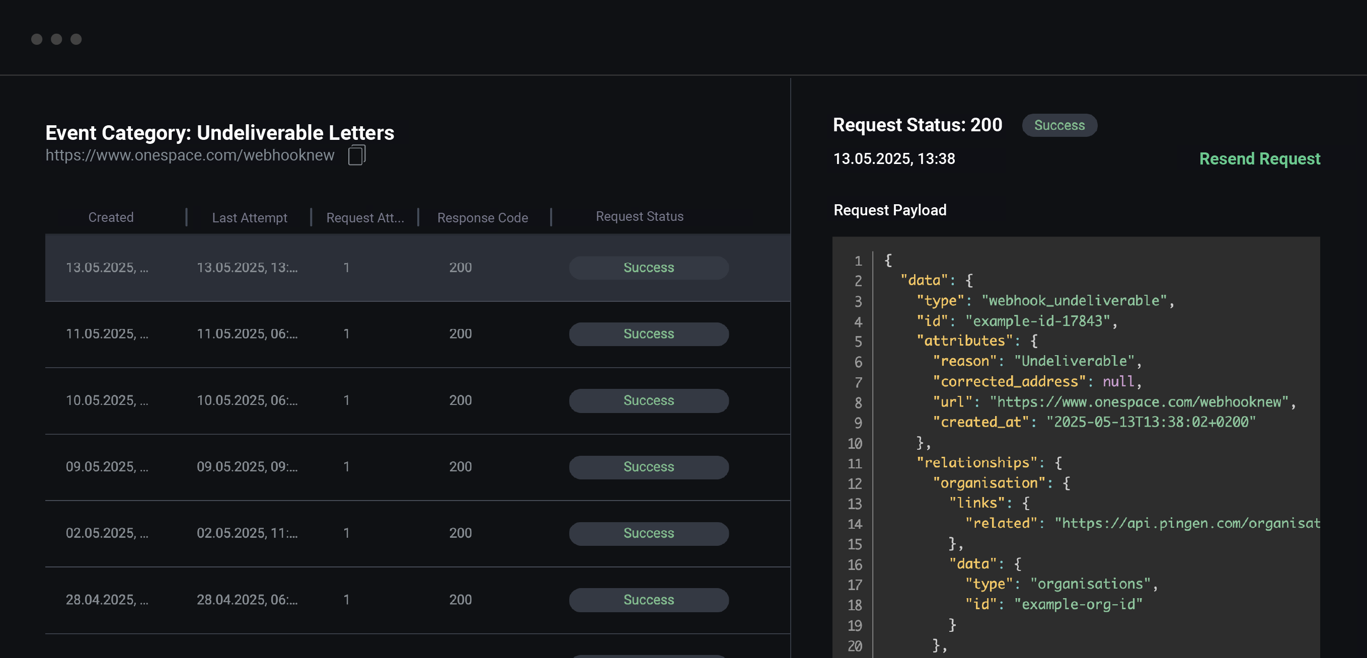 Pingen Webhooks dashboard showing undeliverable letters event details with JSON payload and success status