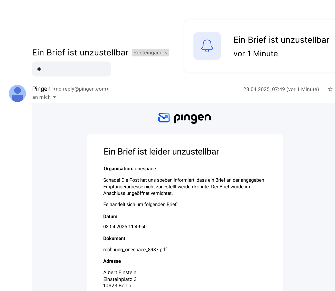 E-Mail-Benachrichtigung von Pingen über eine nicht zustellbare Sendung