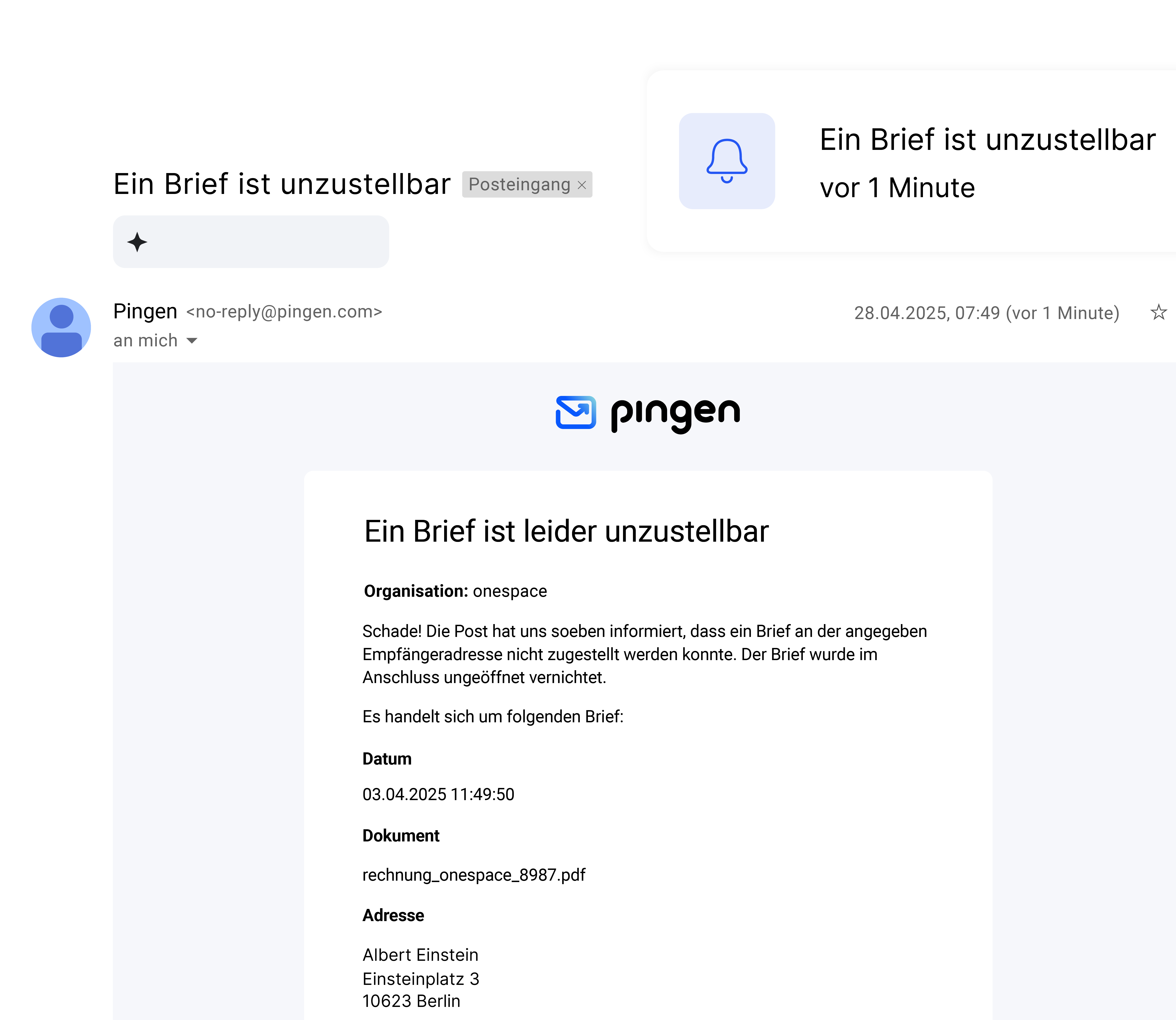 E-Mail-Benachrichtigung von Pingen über eine zurückgesendete Sendung